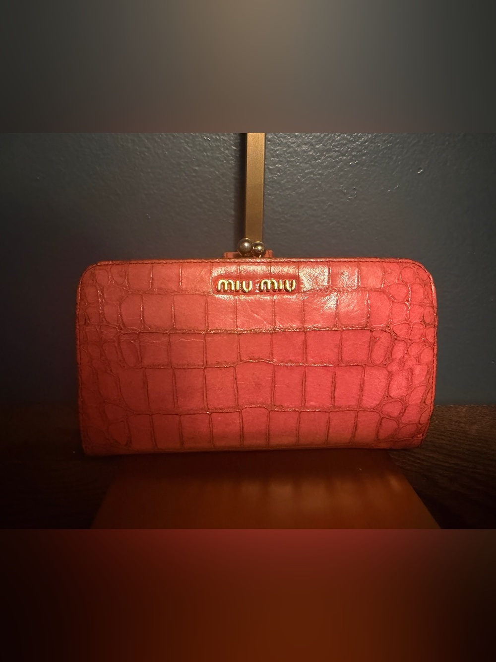 Miu Miu Coral Pink Croc-Embossed Leather Kiss Lock Wallet with Gold Hardware